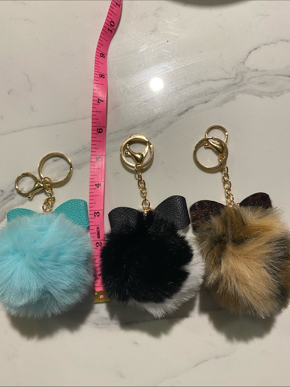 Faux Fur Cat Ear Pom Pom Keychains - Blue, Black/White, Tan